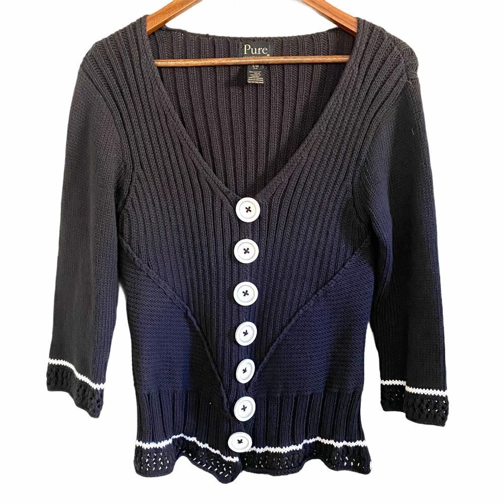 Pure Handknit Women's Black Chunky Button Ribbed 3/4 Sleeve Cardigan Sweater S/M
